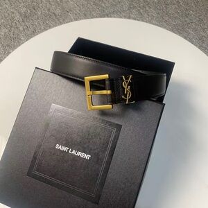 YSL Saint Laurent Women’s Belt 85cm Black Leather Gold Buckle 34in
